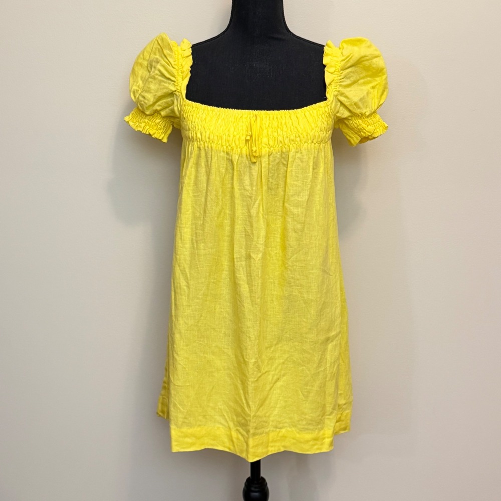 Faithfull The Brand Anthropologie 100% Linen Mini Dress Smocked Babydoll Size S